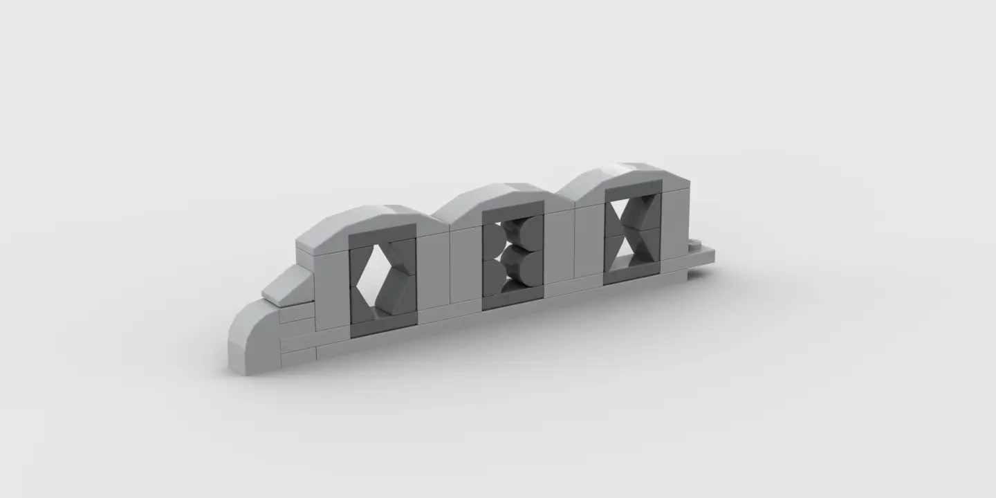 Grey wall fence in LEGO with alternative decorative inlays - by Jacob Emcken.